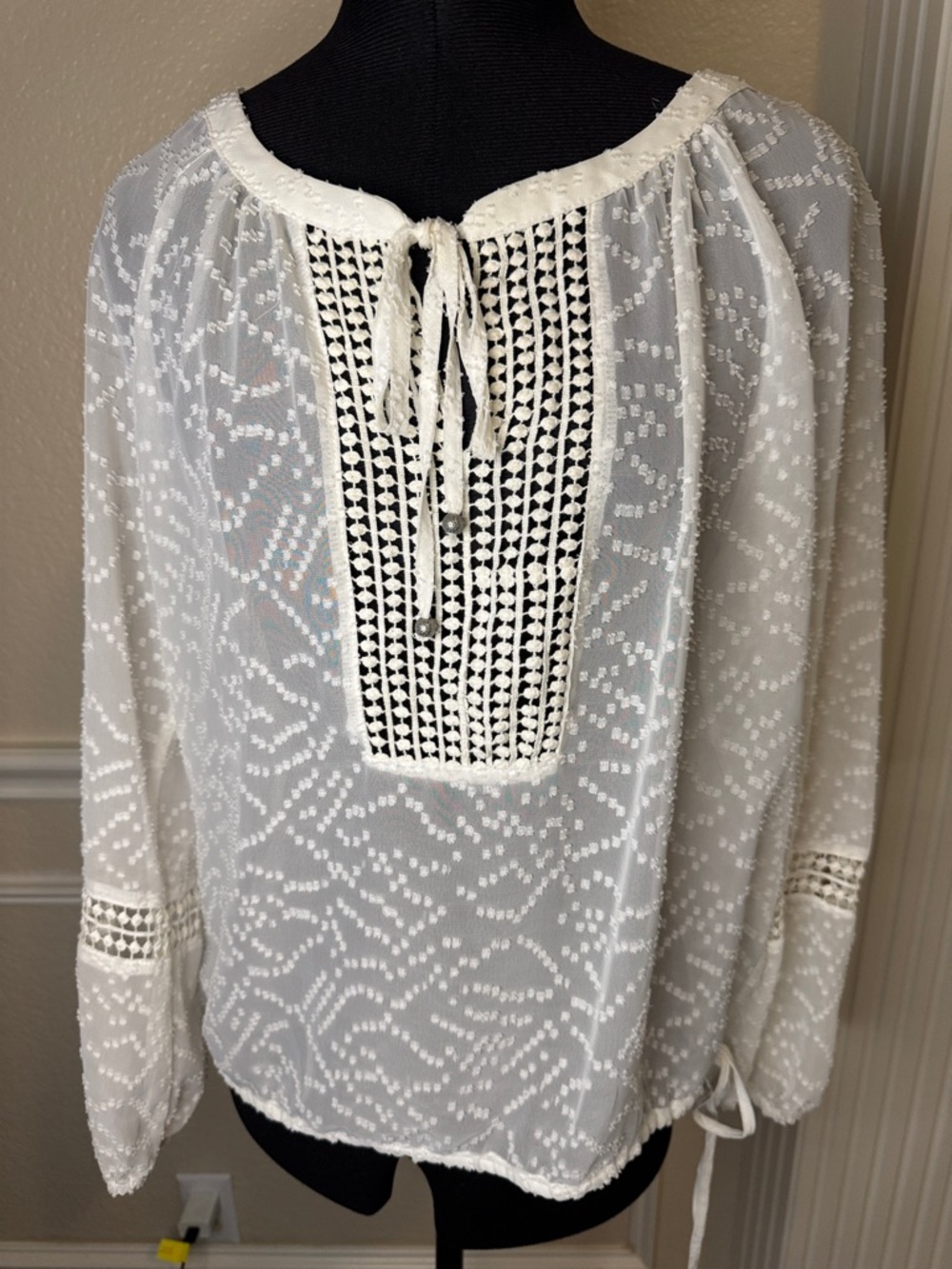Jessica Simpson White Peasant Blouse with Crochet Bib